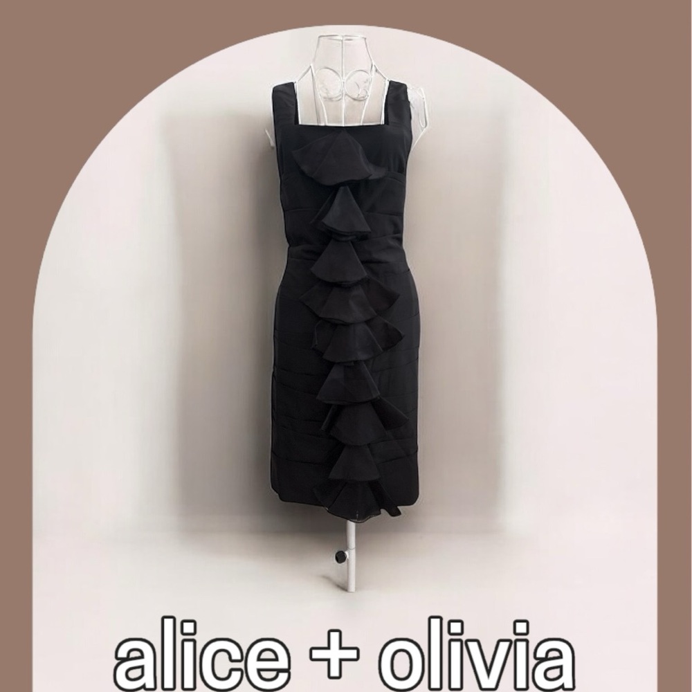 $495 p/o Alice + Olivia silk front ruffle tiered cocktail dress, black , 8